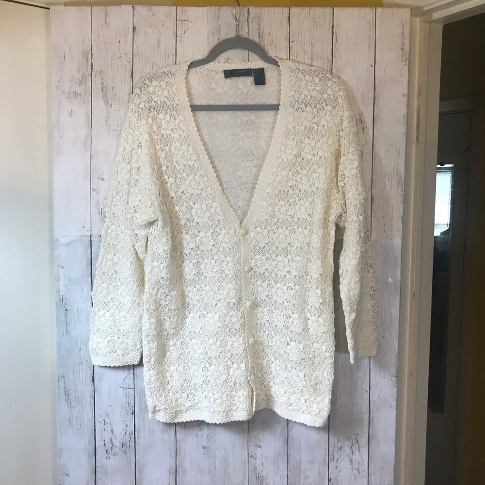 Vtg Liz Wear Hand Knitted Lined Cardigan Size M 100% Cotton Ivory Button Up